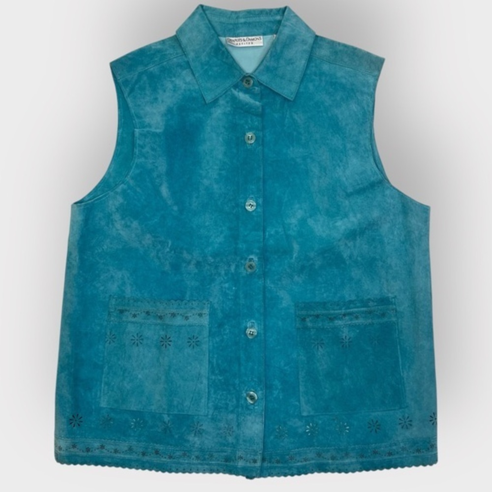 Draper's & Damon's Women's Suede Leather Teal Vintage Cut-out Floral Vest
